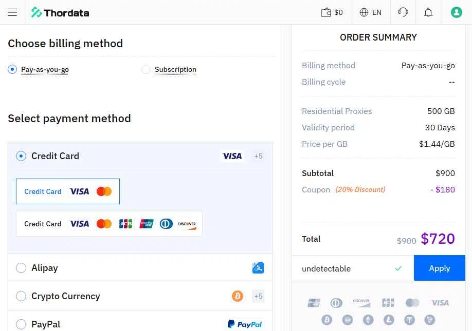 Thordata checkout page showing Thordata promo code box | Screenshot taken by SimplyCodes community member on Jan 3, 2026