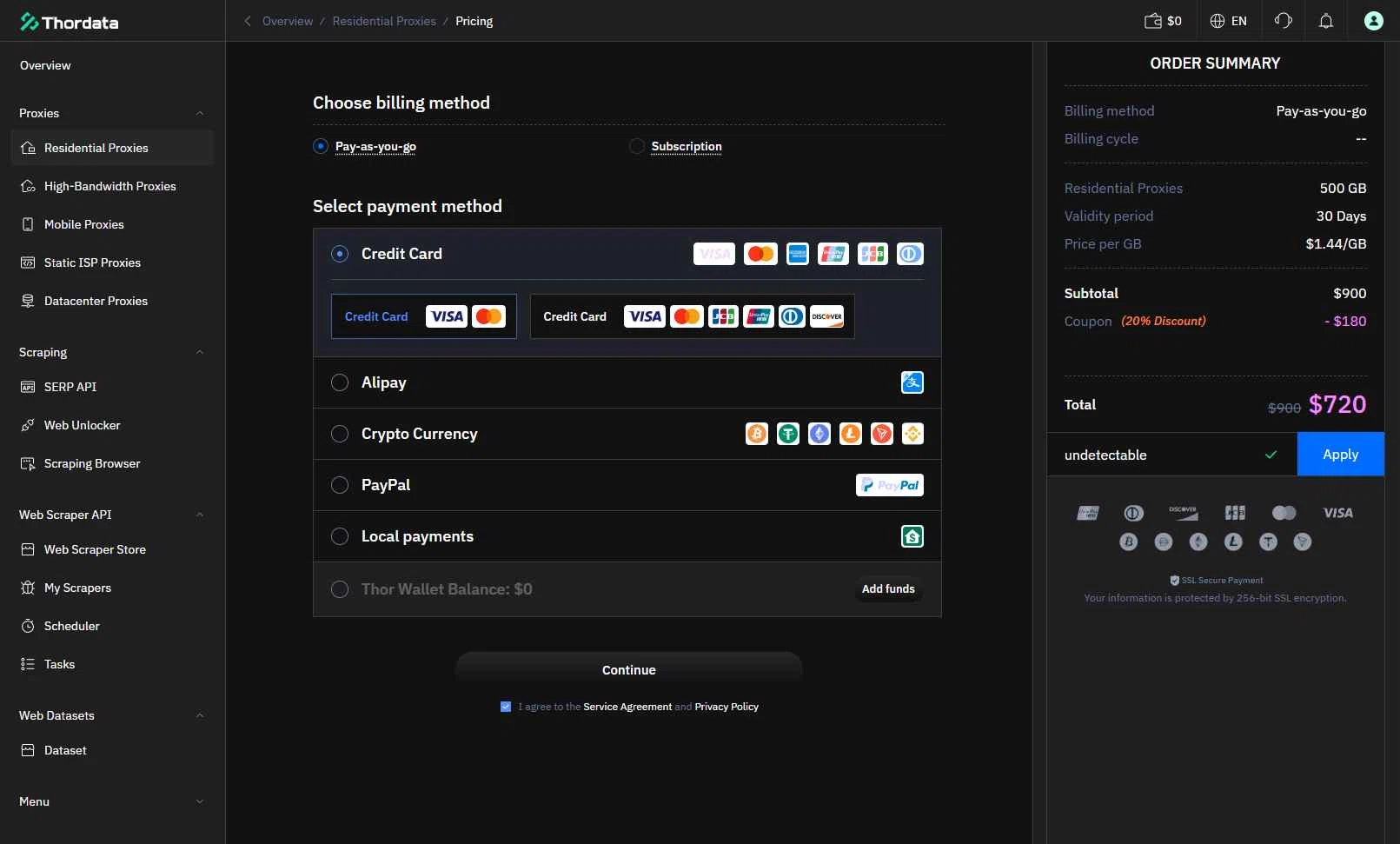 Thordata checkout page showing Thordata promo code box | Screenshot taken by SimplyCodes community member on Dec 5, 2025