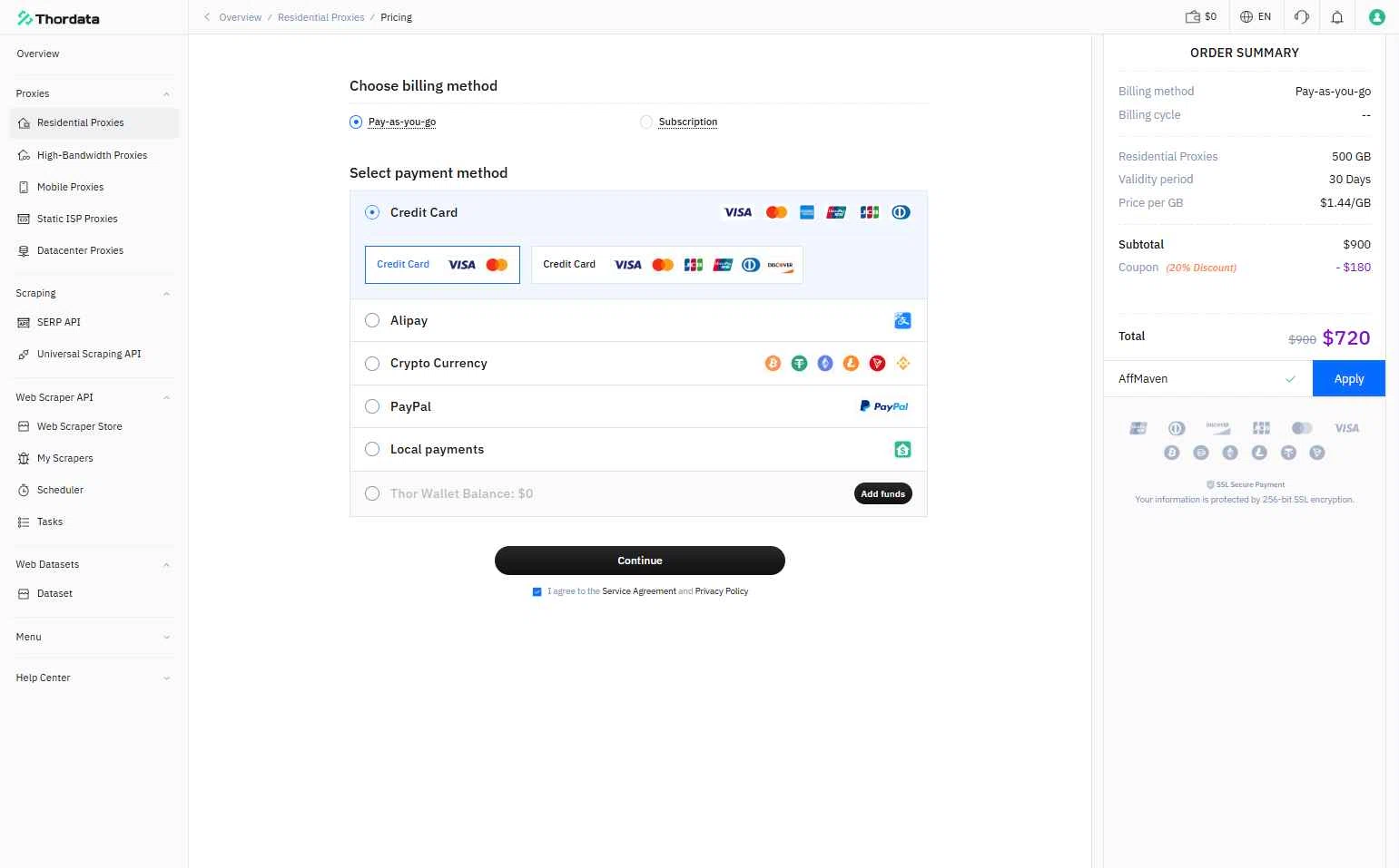 Thordata checkout page showing Thordata promo code box | Screenshot taken by SimplyCodes community member on Nov 24, 2025