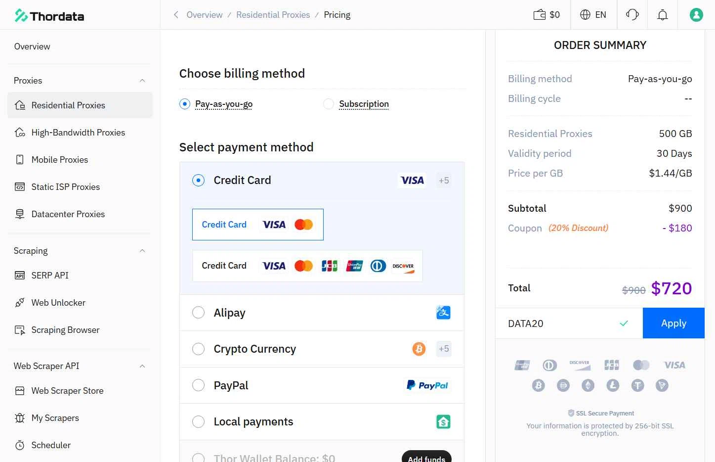 Thordata checkout page showing Thordata promo code box | Screenshot taken by SimplyCodes community member on Dec 20, 2025