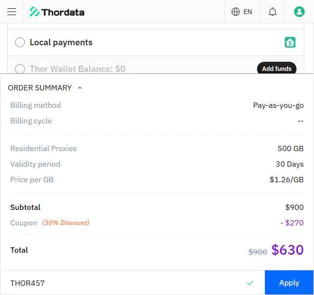 Thordata checkout page showing Thordata promo code box | Screenshot taken by SimplyCodes community member on Dec 14, 2025