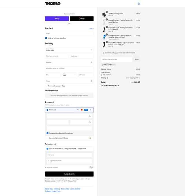 Thorlos checkout page showing Thorlos discount code box | Screenshot taken by SimplyCodes community member on Sep 12, 2025
