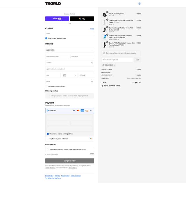 Thorlos checkout page showing Thorlos discount code box | Screenshot taken by SimplyCodes community member on Aug 22, 2025