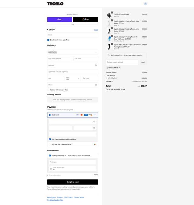 Thorlos checkout page showing Thorlos discount code box | Screenshot taken by SimplyCodes community member on Sep 6, 2025