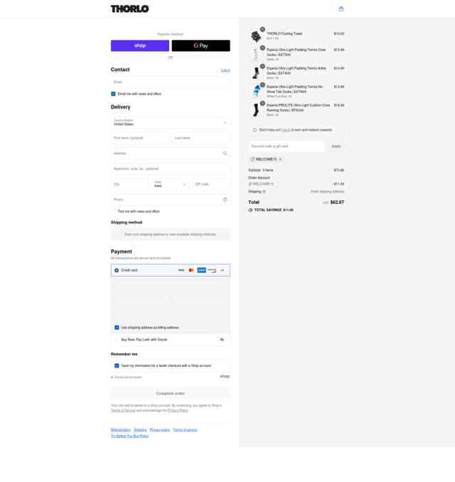 Thorlos checkout page showing Thorlos discount code box | Screenshot taken by SimplyCodes community member on Aug 30, 2025