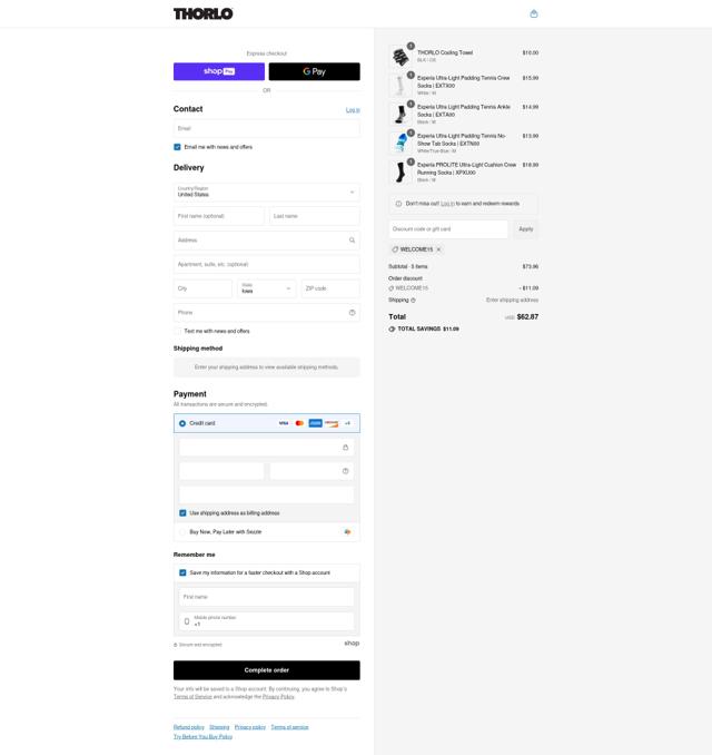 Thorlos checkout page showing Thorlos discount code box | Screenshot taken by SimplyCodes community member on Aug 13, 2025
