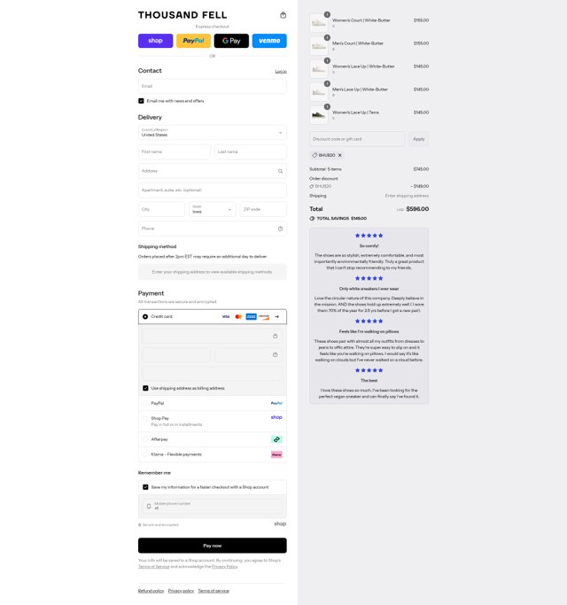 Thousand Fell checkout page showing Thousand Fell promo code box | Screenshot taken by SimplyCodes community member on Sep 2, 2025