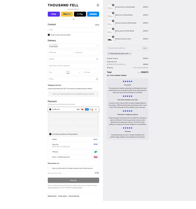 Thousand Fell checkout page showing Thousand Fell promo code box | Screenshot taken by SimplyCodes community member on Sep 2, 2025