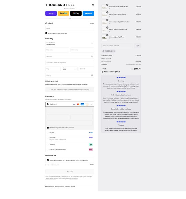 Thousand Fell checkout page showing Thousand Fell promo code box | Screenshot taken by SimplyCodes community member on Sep 2, 2025
