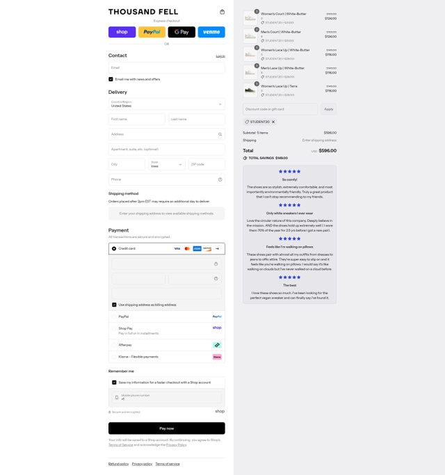 Thousand Fell checkout page showing Thousand Fell promo code box | Screenshot taken by SimplyCodes community member on Sep 2, 2025