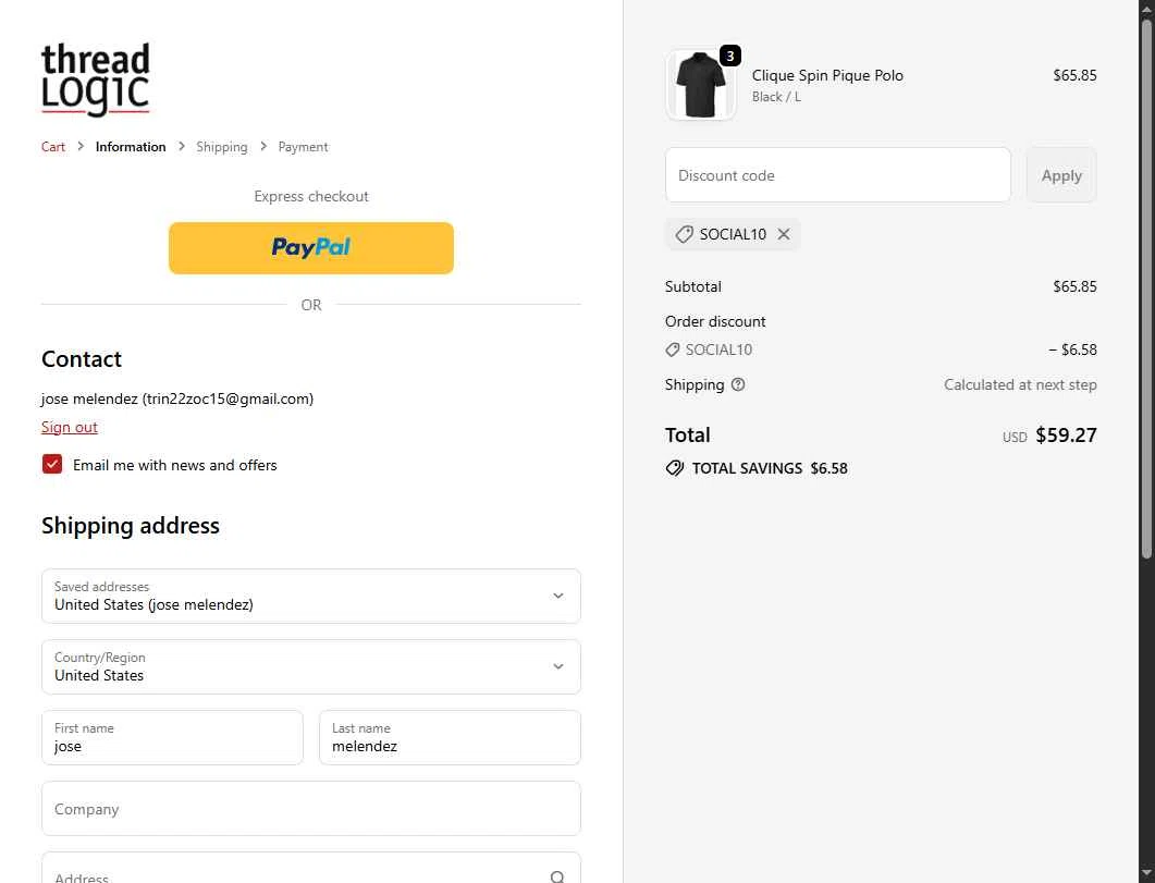 Thread Logic checkout page showing Thread Logic discount code box | Screenshot taken by SimplyCodes community member on Sep 28, 2025