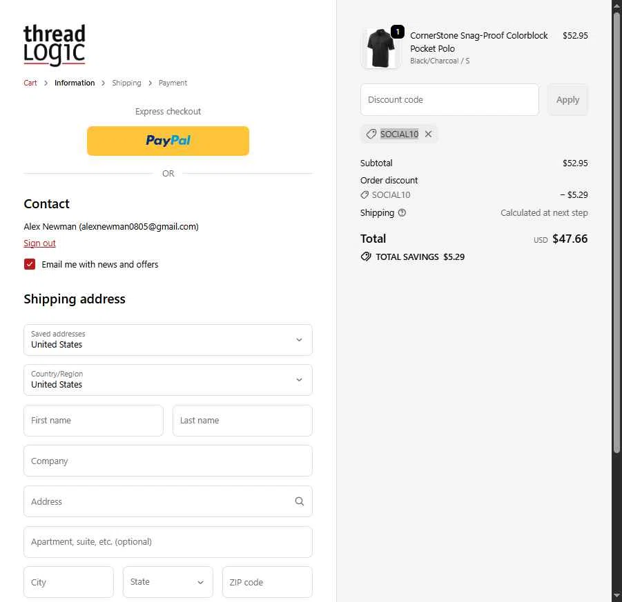 Thread Logic checkout page showing Thread Logic discount code box | Screenshot taken by SimplyCodes community member on Feb 6, 2026