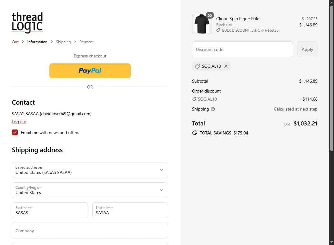 Thread Logic checkout page showing Thread Logic discount code box | Screenshot taken by SimplyCodes community member on Aug 30, 2025