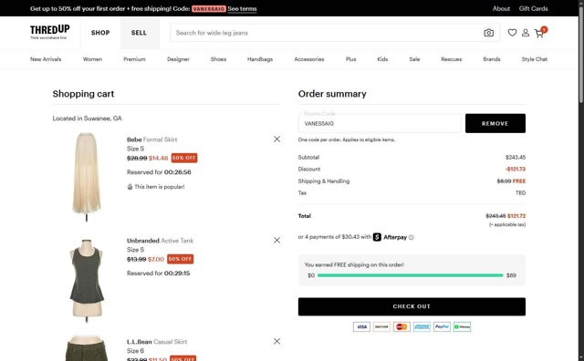 thredUP checkout page showing thredUP promo code box | Screenshot taken by SimplyCodes community member on Aug 15, 2025