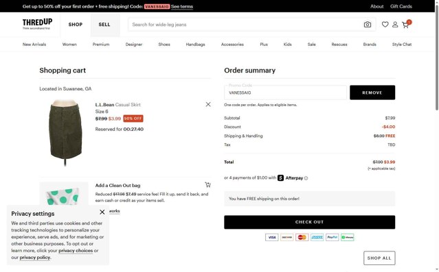 thredUP checkout page showing thredUP promo code box | Screenshot taken by SimplyCodes community member on Aug 20, 2025