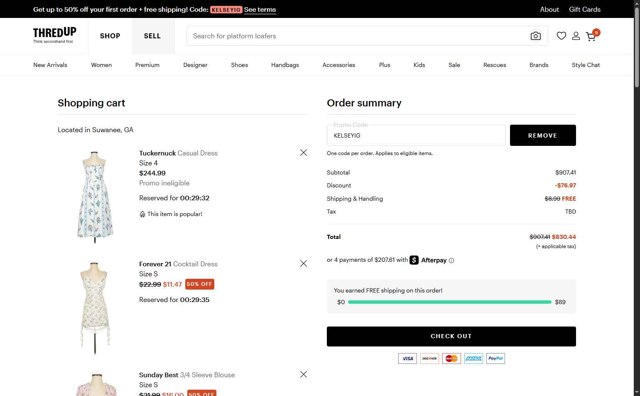 thredUP checkout page showing thredUP promo code box | Screenshot taken by SimplyCodes community member on Aug 20, 2025