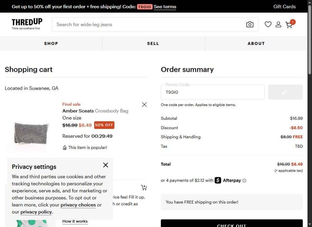 thredUP checkout page showing thredUP promo code box | Screenshot taken by SimplyCodes community member on Aug 20, 2025