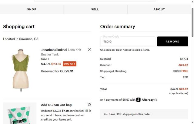 thredUP checkout page showing thredUP promo code box | Screenshot taken by SimplyCodes community member on Aug 24, 2025