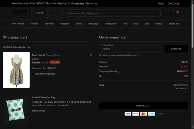 thredUP checkout page showing thredUP promo code box | Screenshot taken by SimplyCodes community member on Aug 17, 2025