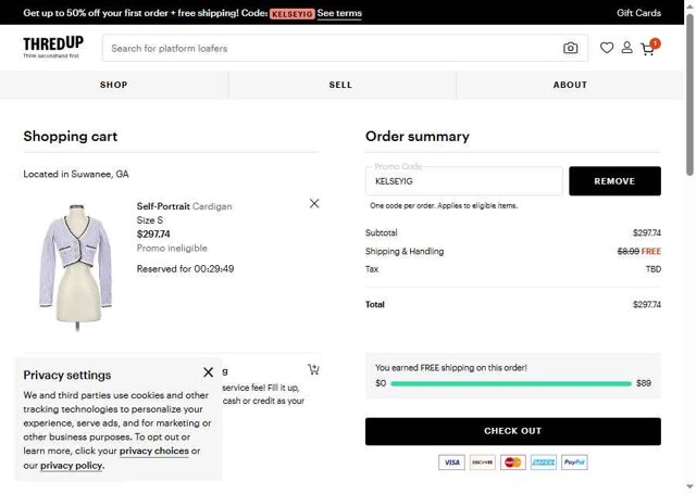 thredUP checkout page showing thredUP promo code box | Screenshot taken by SimplyCodes community member on Aug 28, 2025
