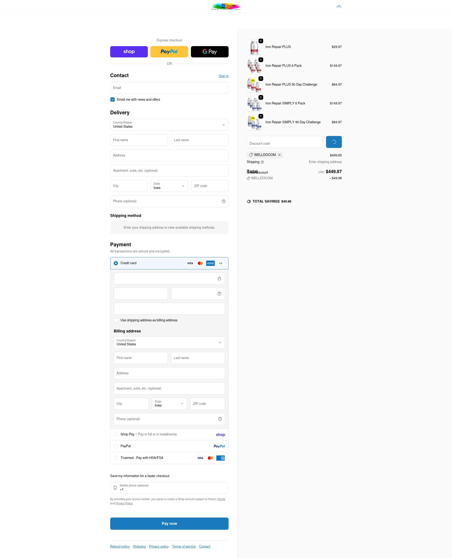 Three Arrows Nutra checkout page showing Three Arrows Nutra discount code box | Screenshot taken by SimplyCodes community member on Feb 11, 2026
