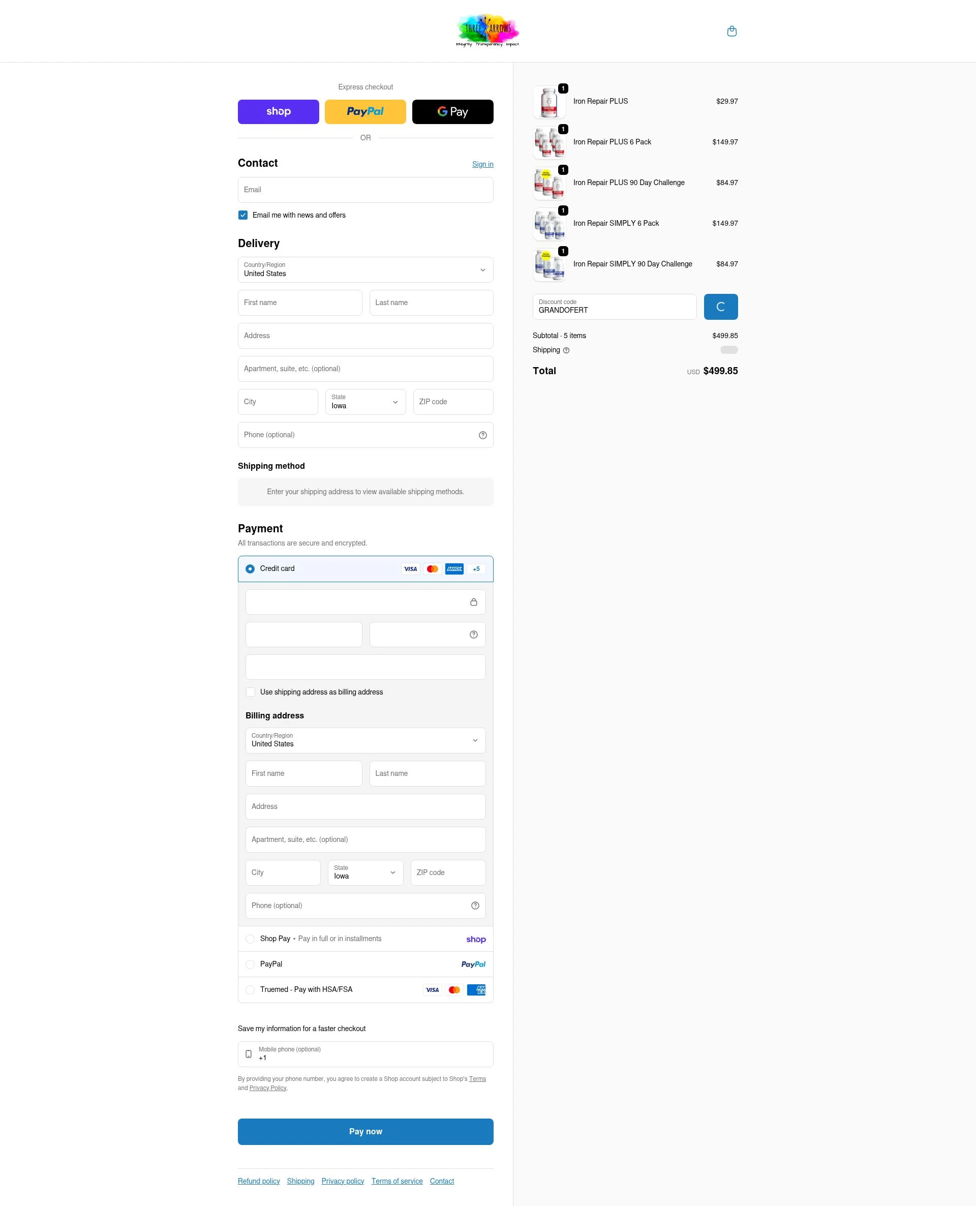 Three Arrows Nutra checkout page showing Three Arrows Nutra discount code box | Screenshot taken by SimplyCodes community member on Feb 11, 2026