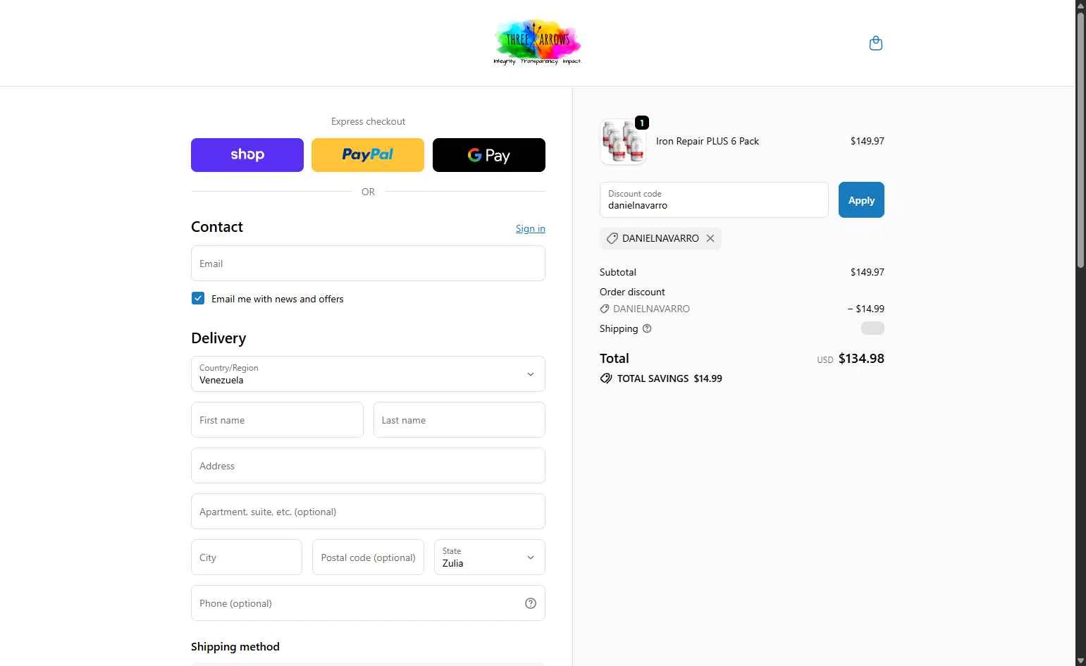 Three Arrows Nutra checkout page showing Three Arrows Nutra discount code box | Screenshot taken by SimplyCodes community member on Feb 11, 2026