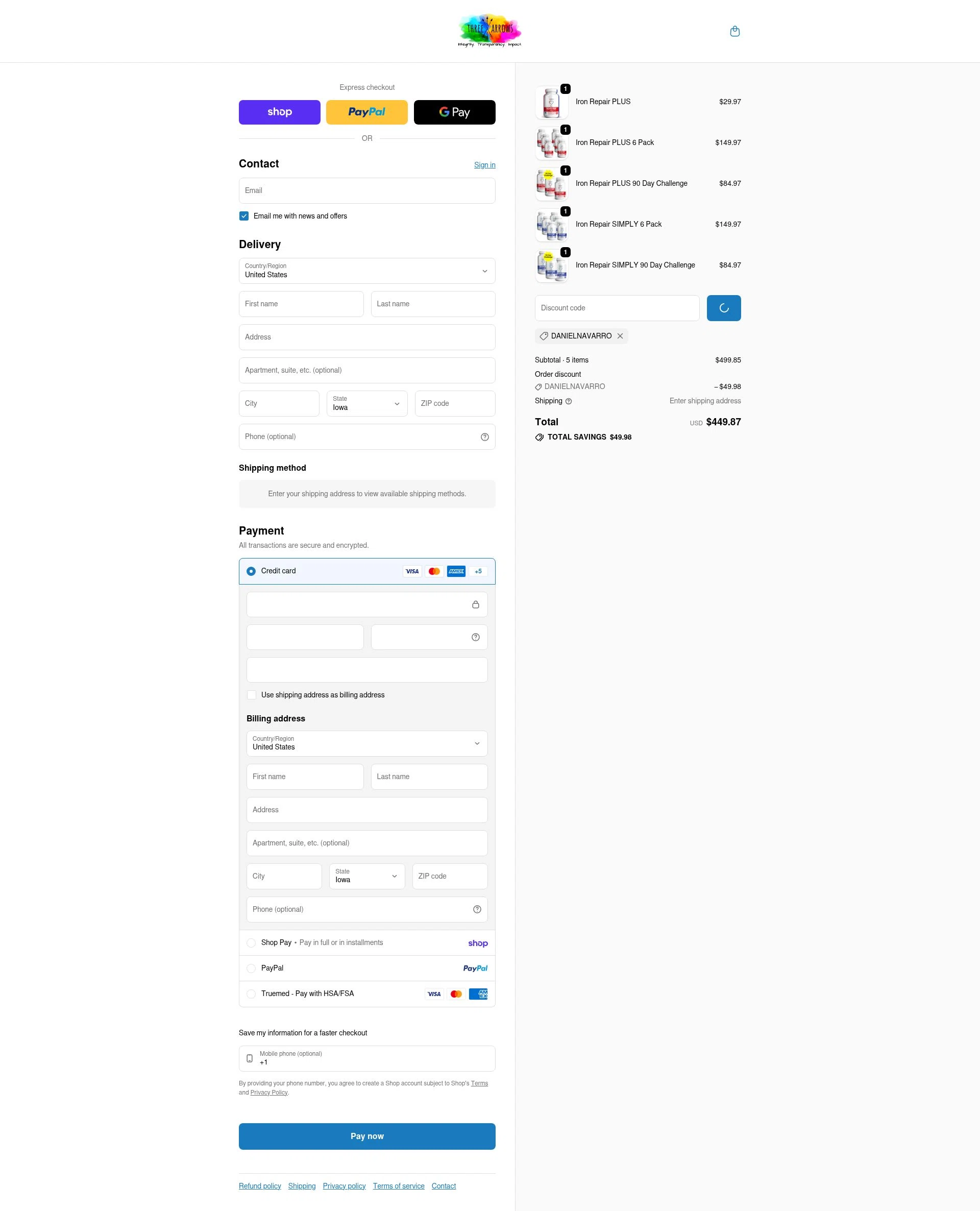 Three Arrows Nutra checkout page showing Three Arrows Nutra discount code box | Screenshot taken by SimplyCodes community member on Feb 11, 2026