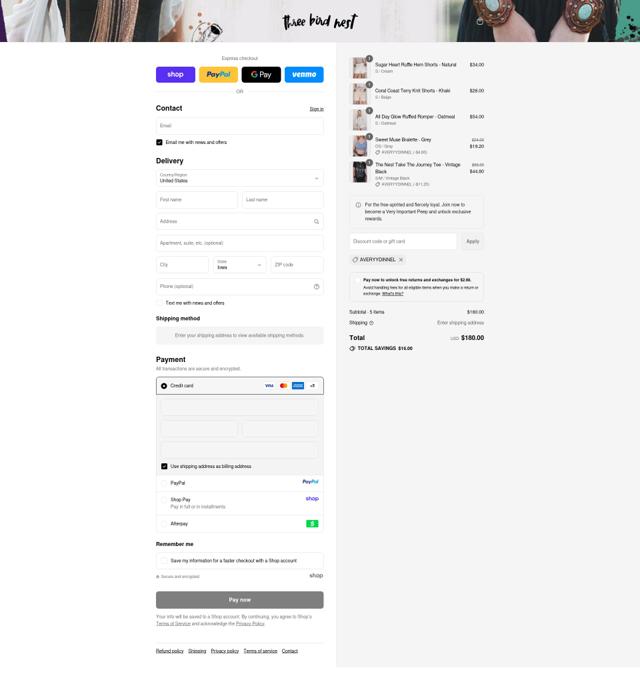 Three Bird Nest checkout page showing Three Bird Nest promo code box | Screenshot taken by SimplyCodes community member on Sep 12, 2025