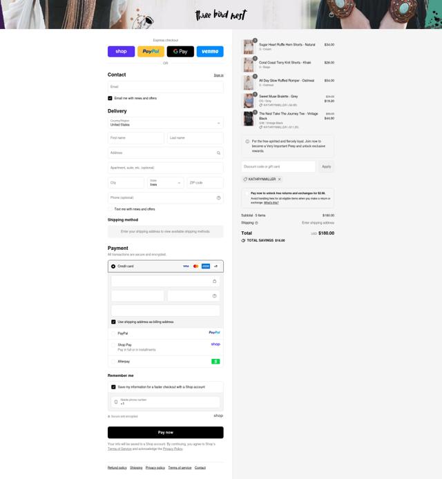 Three Bird Nest checkout page showing Three Bird Nest promo code box | Screenshot taken by SimplyCodes community member on Sep 12, 2025