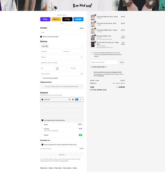 Three Bird Nest checkout page showing Three Bird Nest promo code box | Screenshot taken by SimplyCodes community member on Sep 12, 2025