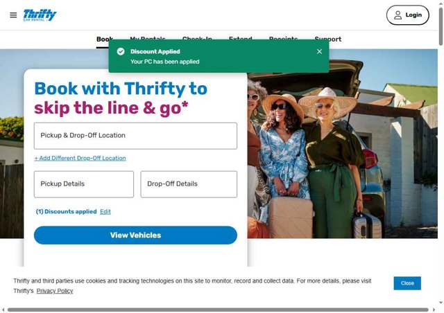 Thrifty Rental Car checkout page showing Thrifty Rental Car promo code box | Screenshot taken by SimplyCodes community member on Aug 4, 2025