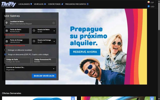 Thrifty Rental Car checkout page showing Thrifty Rental Car promo code box | Screenshot taken by SimplyCodes community member on Sep 2, 2025