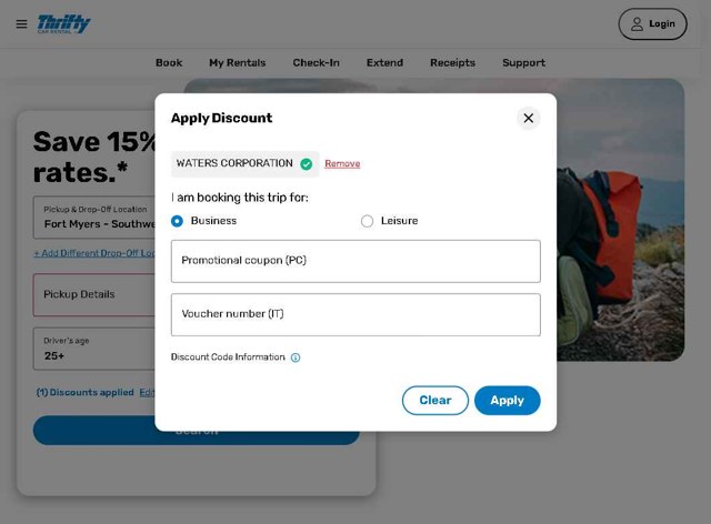 Thrifty Rental Car checkout page showing Thrifty Rental Car promo code box | Screenshot taken by SimplyCodes community member on Aug 11, 2025