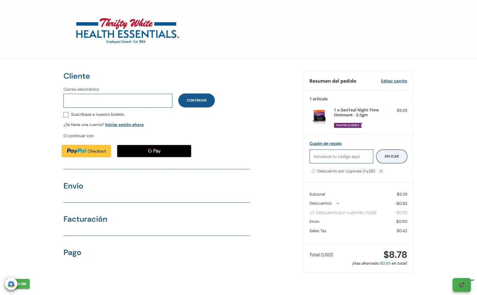Thrifty White checkout page showing Thrifty White coupon code box | Screenshot taken by SimplyCodes community member on Jan 3, 2026