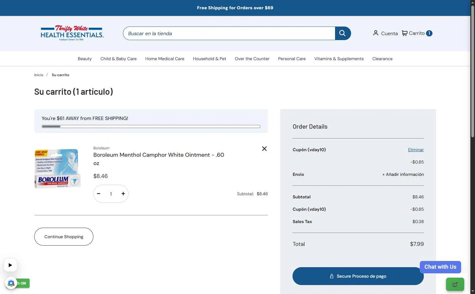 Thrifty White checkout page showing Thrifty White coupon code box | Screenshot taken by SimplyCodes community member on Feb 6, 2026