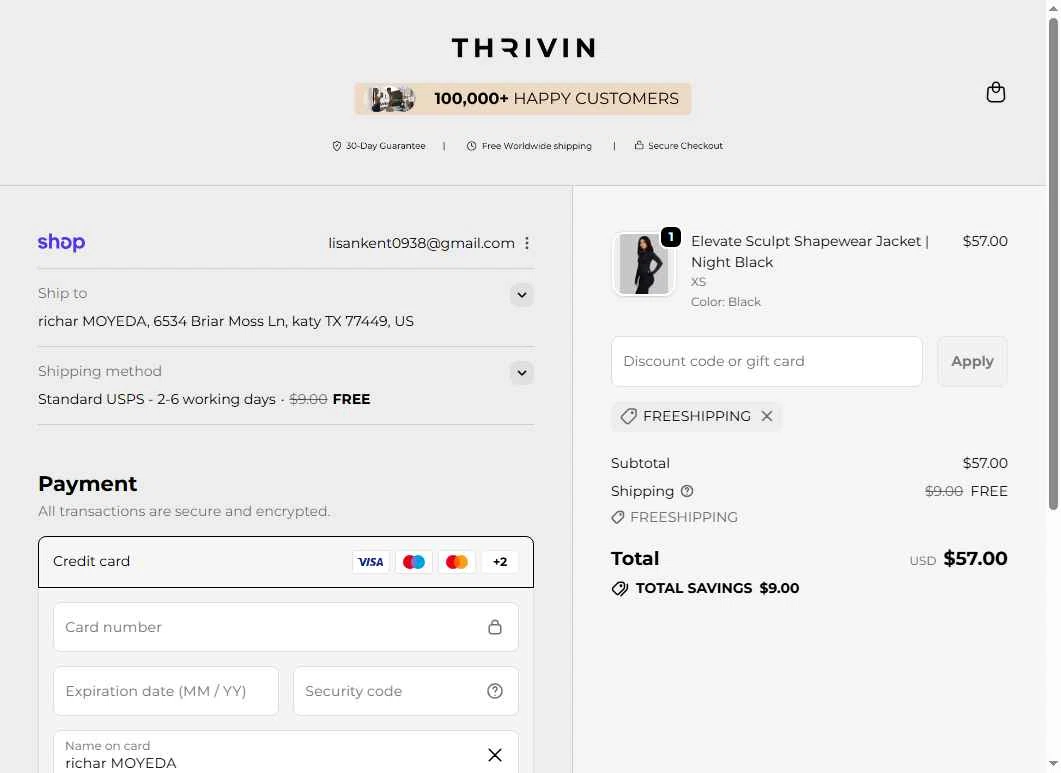 Thrivin checkout page showing Thrivin promo code box | Screenshot taken by SimplyCodes community member on Nov 27, 2025