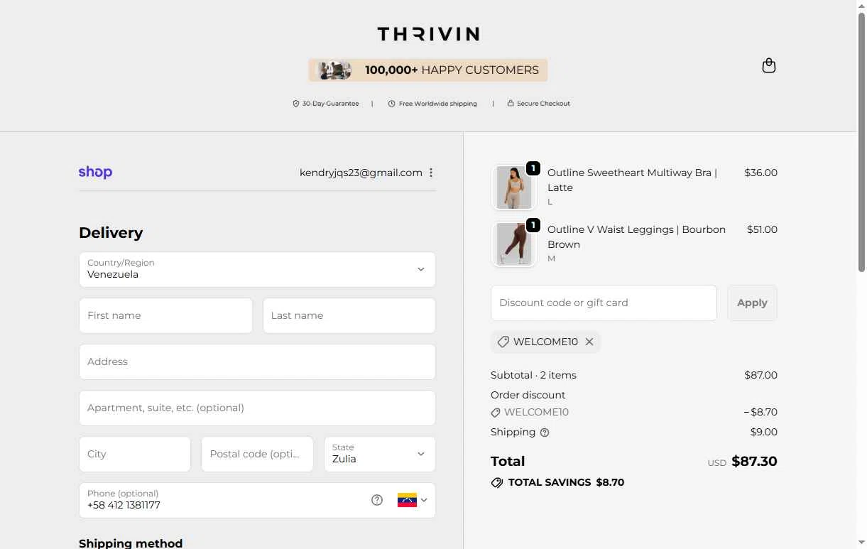 Thrivin checkout page showing Thrivin promo code box | Screenshot taken by SimplyCodes community member on Nov 27, 2025