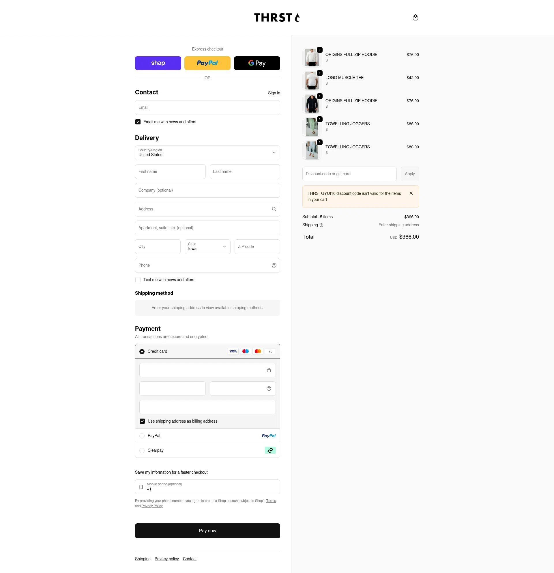 THRST checkout page showing THRST discount code box | Screenshot taken by SimplyCodes community member on Feb 5, 2026