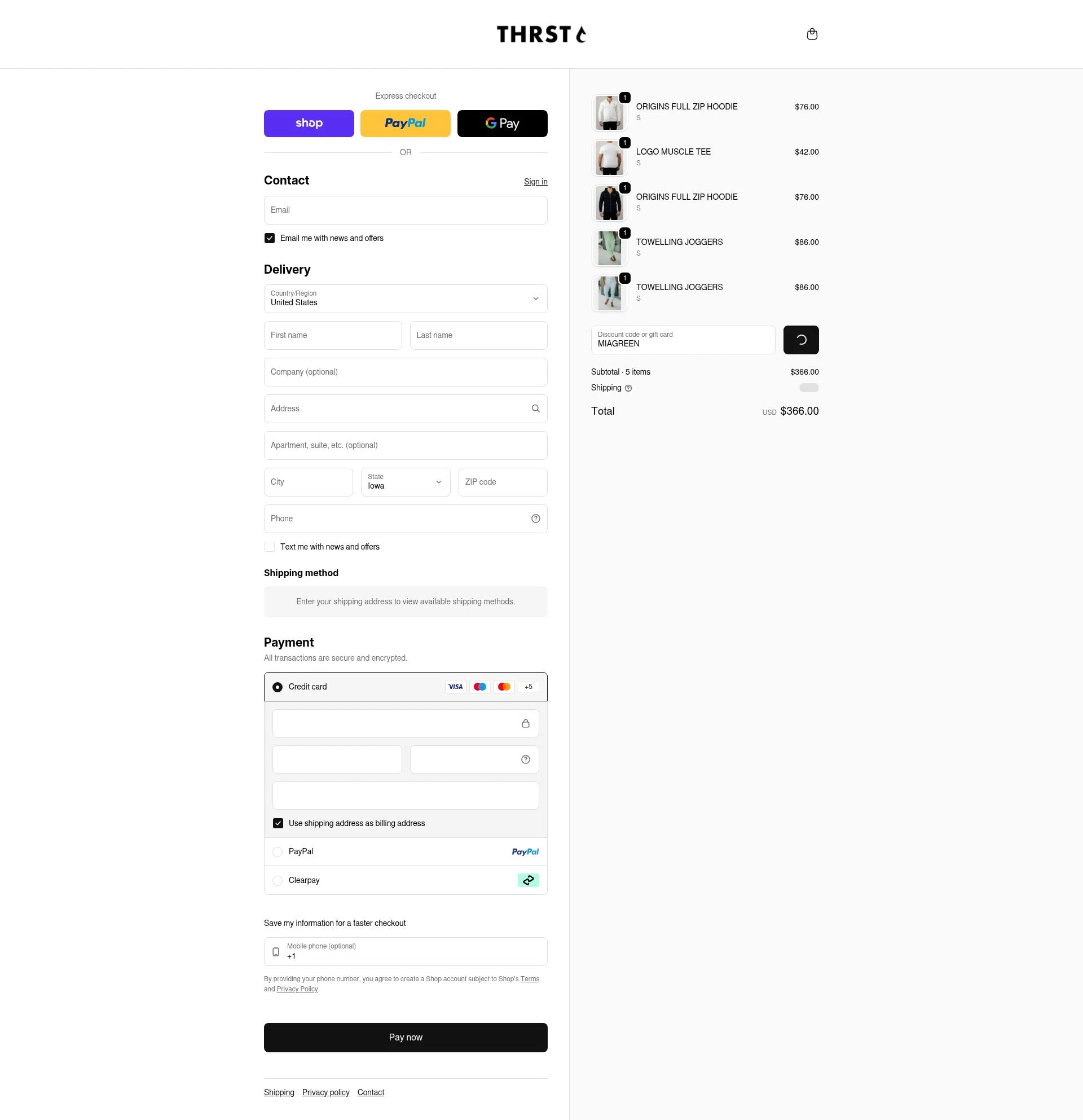 THRST checkout page showing THRST discount code box | Screenshot taken by SimplyCodes community member on Feb 5, 2026