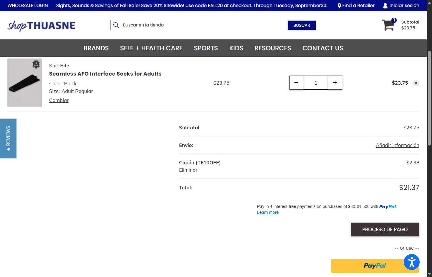 Thuasne checkout page showing Thuasne promo code box | Screenshot taken by SimplyCodes community member on Sep 21, 2025