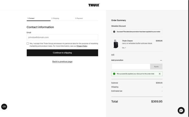 Thule checkout page showing Thule promo code box | Screenshot taken by SimplyCodes community member on Aug 24, 2025