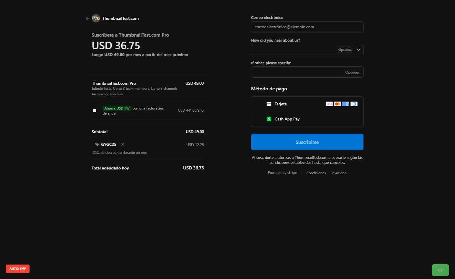 Thumbnail Test checkout page showing Thumbnail Test promo code box | Screenshot taken by SimplyCodes community member on Nov 10, 2025