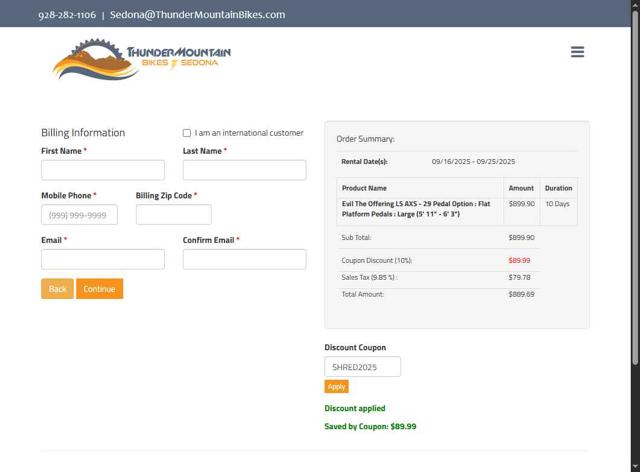 Thunder Mountain Bikes checkout page showing Thunder Mountain Bikes discount code box | Screenshot taken by SimplyCodes community member on Sep 4, 2025