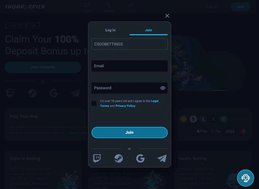 Thunderpick checkout page showing Thunderpick promo code box | Screenshot taken by SimplyCodes community member on Jun 8, 2025