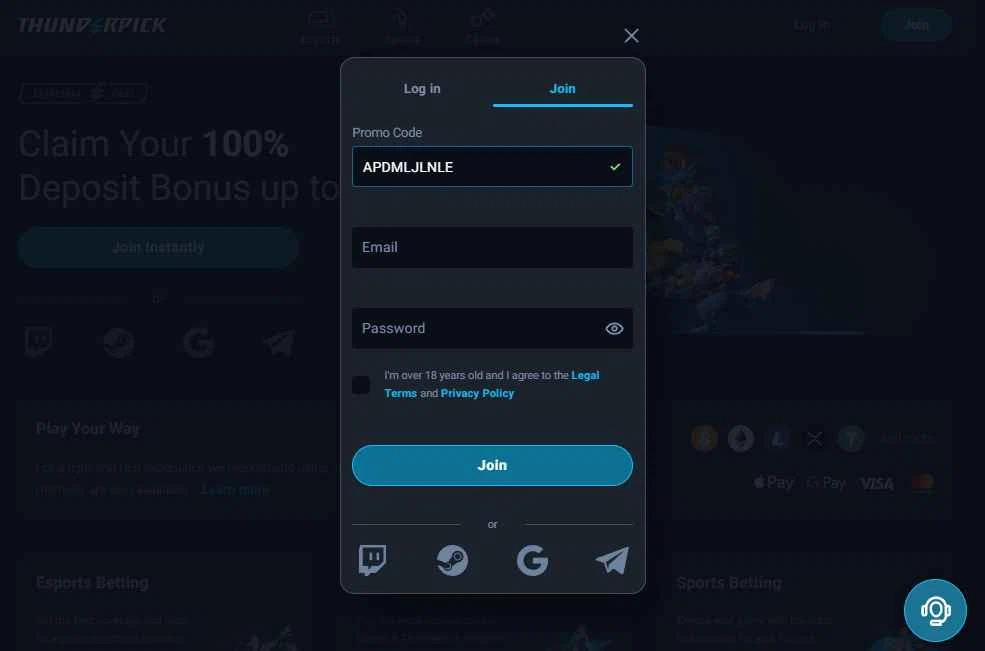 Thunderpick checkout page showing Thunderpick promo code box | Screenshot taken by SimplyCodes community member on Oct 23, 2025