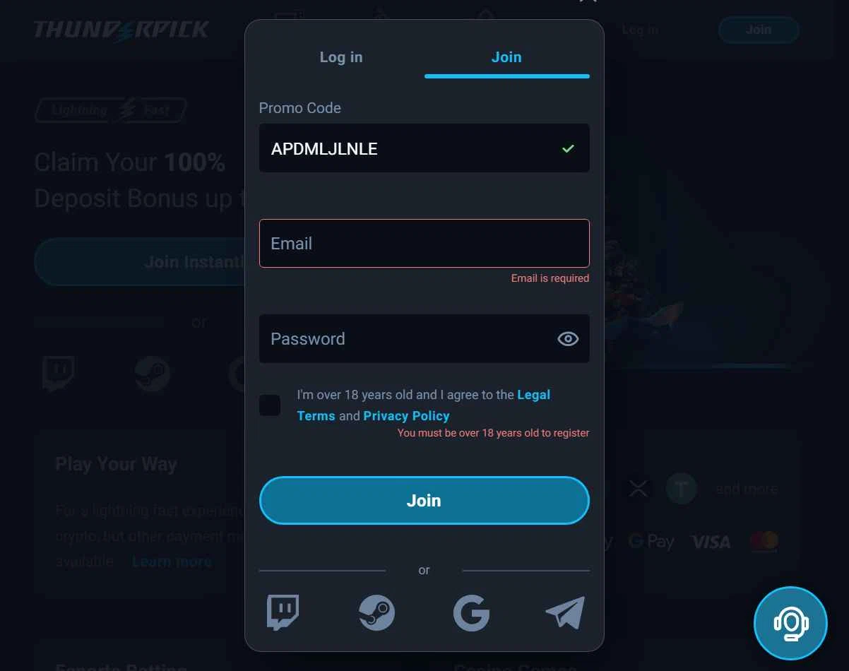 Thunderpick checkout page showing Thunderpick promo code box | Screenshot taken by SimplyCodes community member on Dec 20, 2025