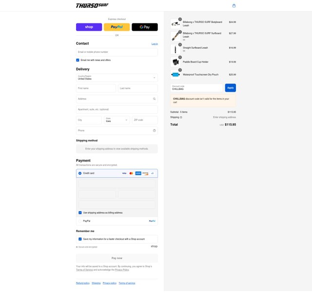 THURSO SURF checkout page showing THURSO SURF promo code box | Screenshot taken by SimplyCodes community member on Sep 7, 2025