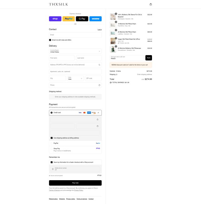 Thxsilk checkout page showing Thxsilk promo code box | Screenshot taken by SimplyCodes community member on Sep 2, 2025