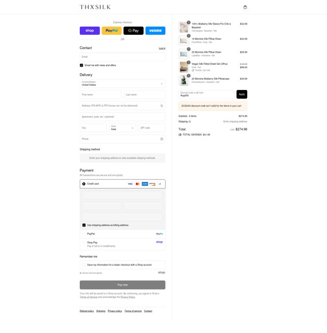 Thxsilk checkout page showing Thxsilk promo code box | Screenshot taken by SimplyCodes community member on Sep 2, 2025